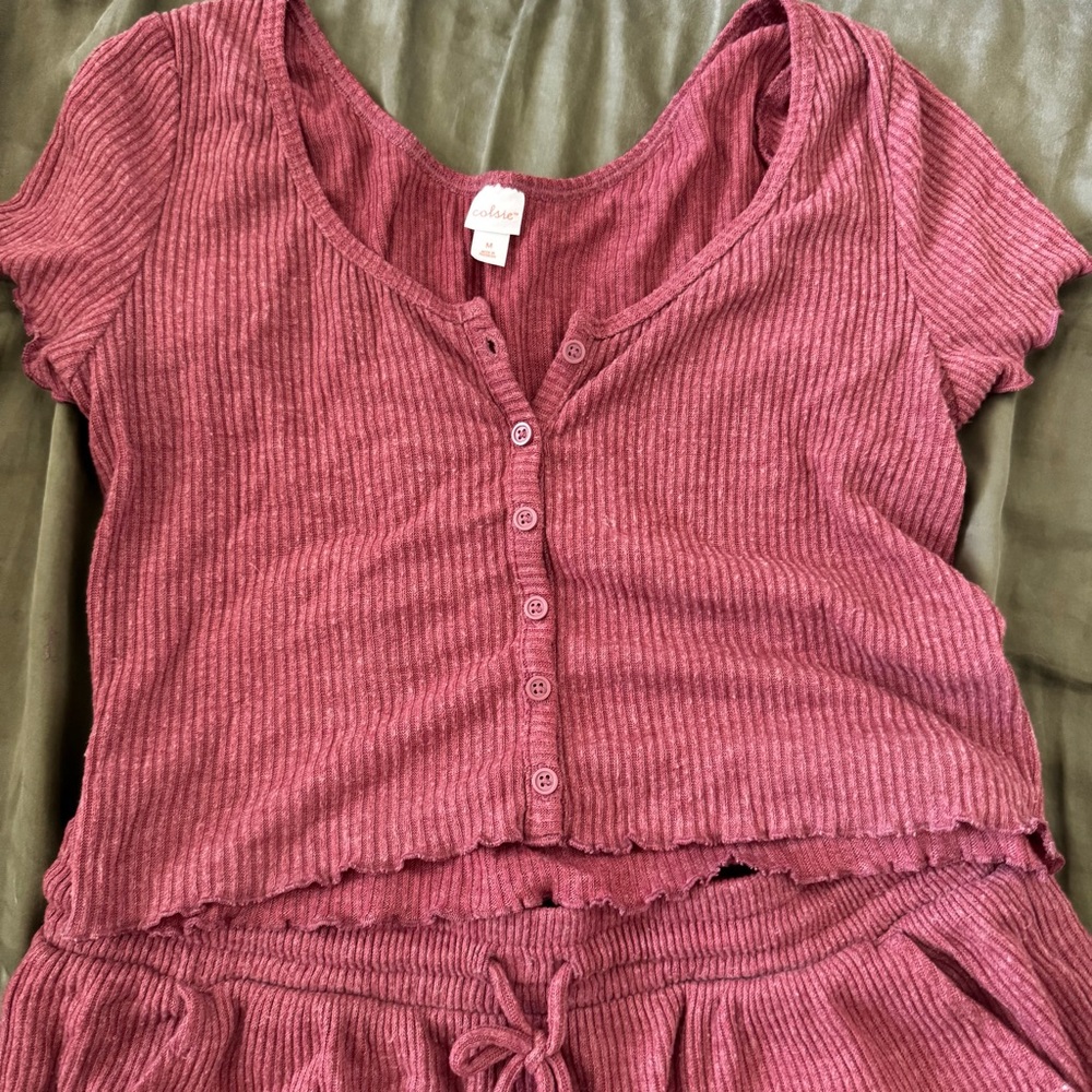 Colsie Ribbed Two-Piece Pajama Set in Rose - Picture 3 of 5